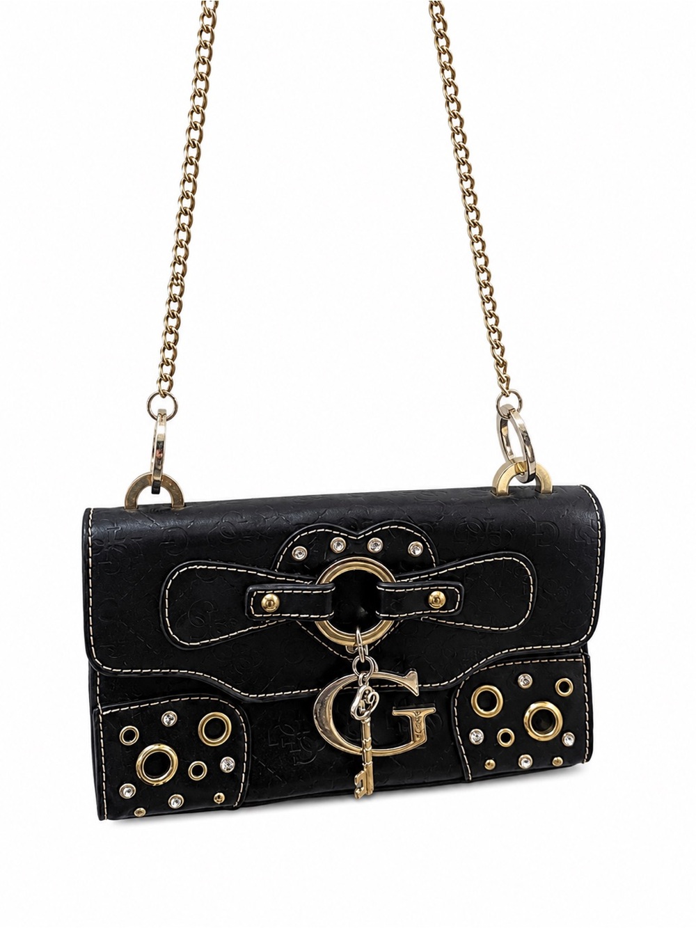 Guess Black Faux Leather Crossbody with Gold Hardware and Charm